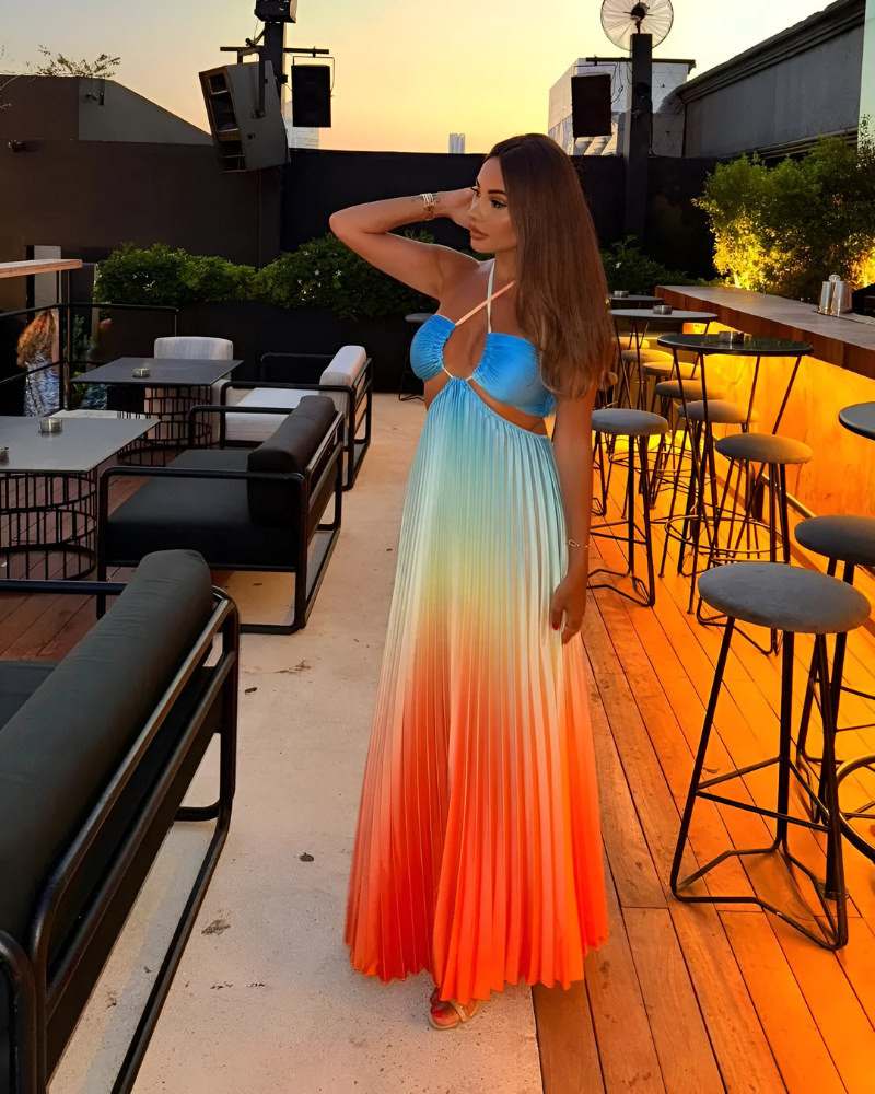 ALISSANDRA | SUNSET-PLEATED HALTER DRESS