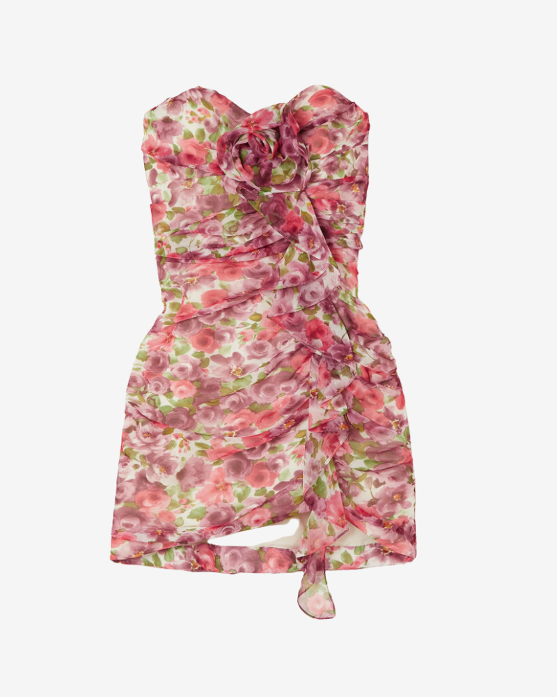 LYRIA ROSÉ | FLORAL RUCHED BUSTIER DRESS