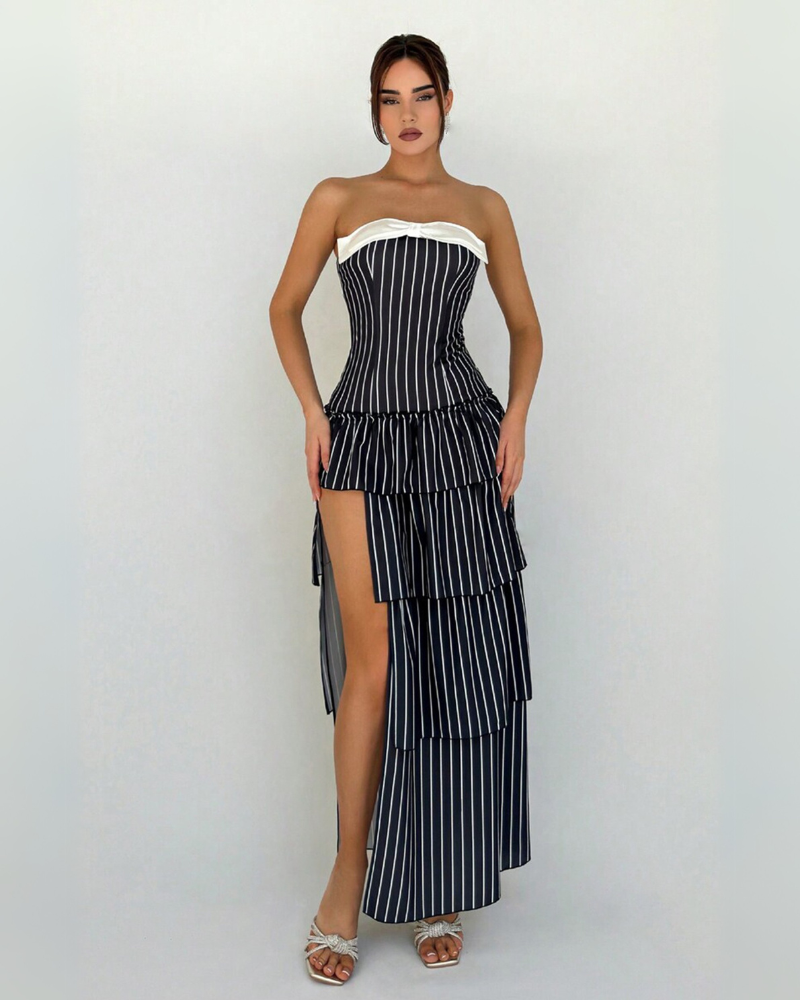 SERENAIRE | ROBE FENDUE À VOLANTS EN CASCADE À RAYURES