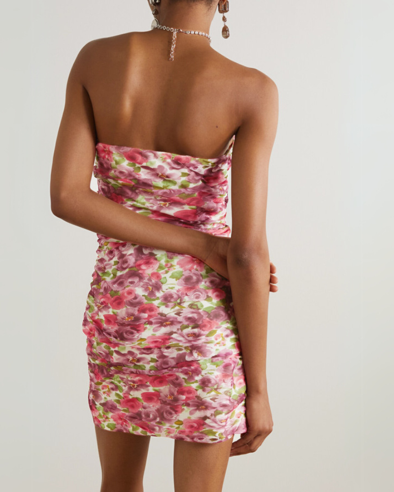 LYRIA ROSÉ | FLORAL RUCHED BUSTIER DRESS