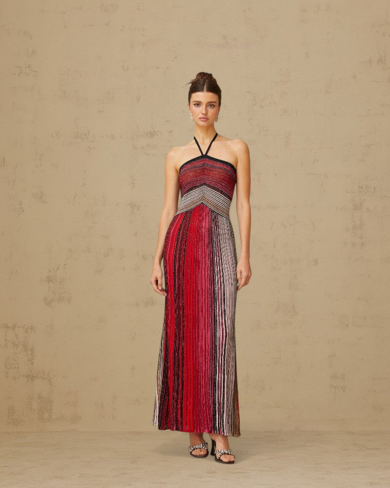 ALIVERA | METALLIC KNIT HALTER DRESS