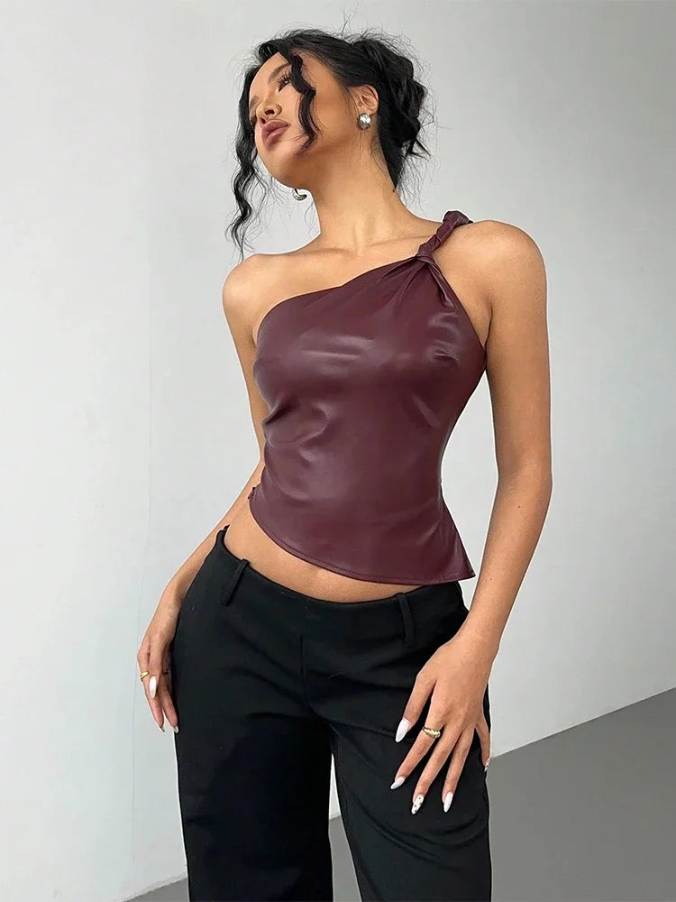 Trendix borgonha plutônio um ombro recortado topo feminino moda torção bodycon y2k topos festa sexy fora do ombro clube roupas de couro