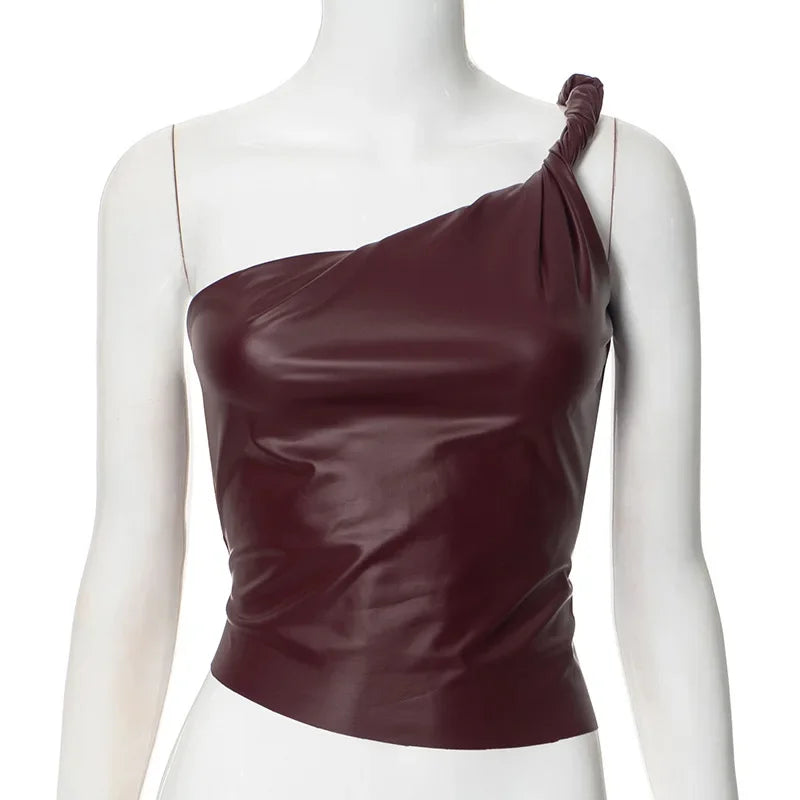 Trendix borgonha plutônio um ombro recortado topo feminino moda torção bodycon y2k topos festa sexy fora do ombro clube roupas de couro