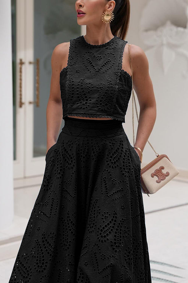 Jupe longue taille haute élastique en dentelle brodée Paris Dreaming avec poches