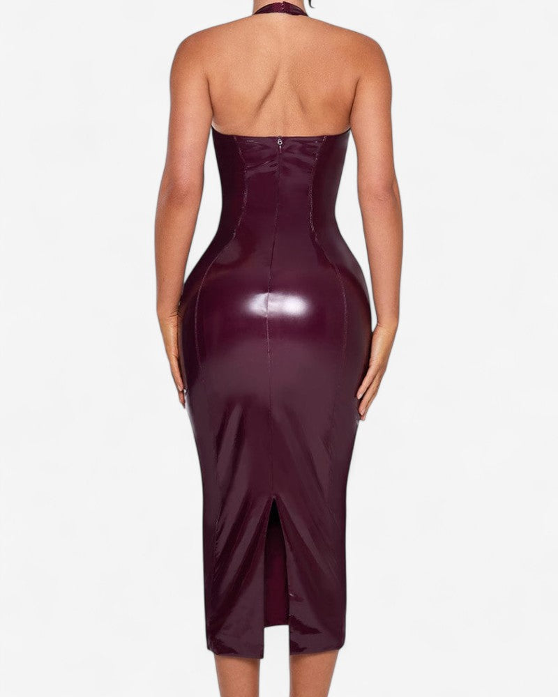 VIOREL | CHERRY VINYL HALTER DRESS