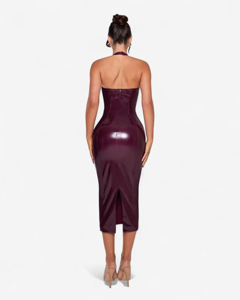 VIOREL | CHERRY VINYL HALTER DRESS
