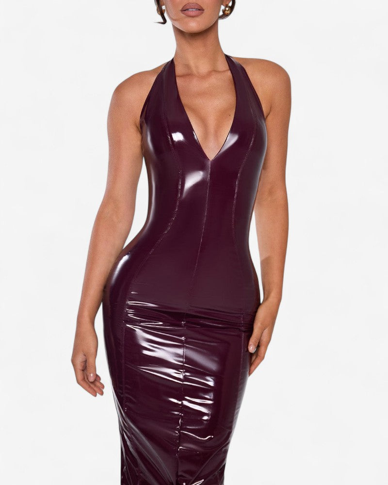 VIOREL | CHERRY VINYL HALTER DRESS