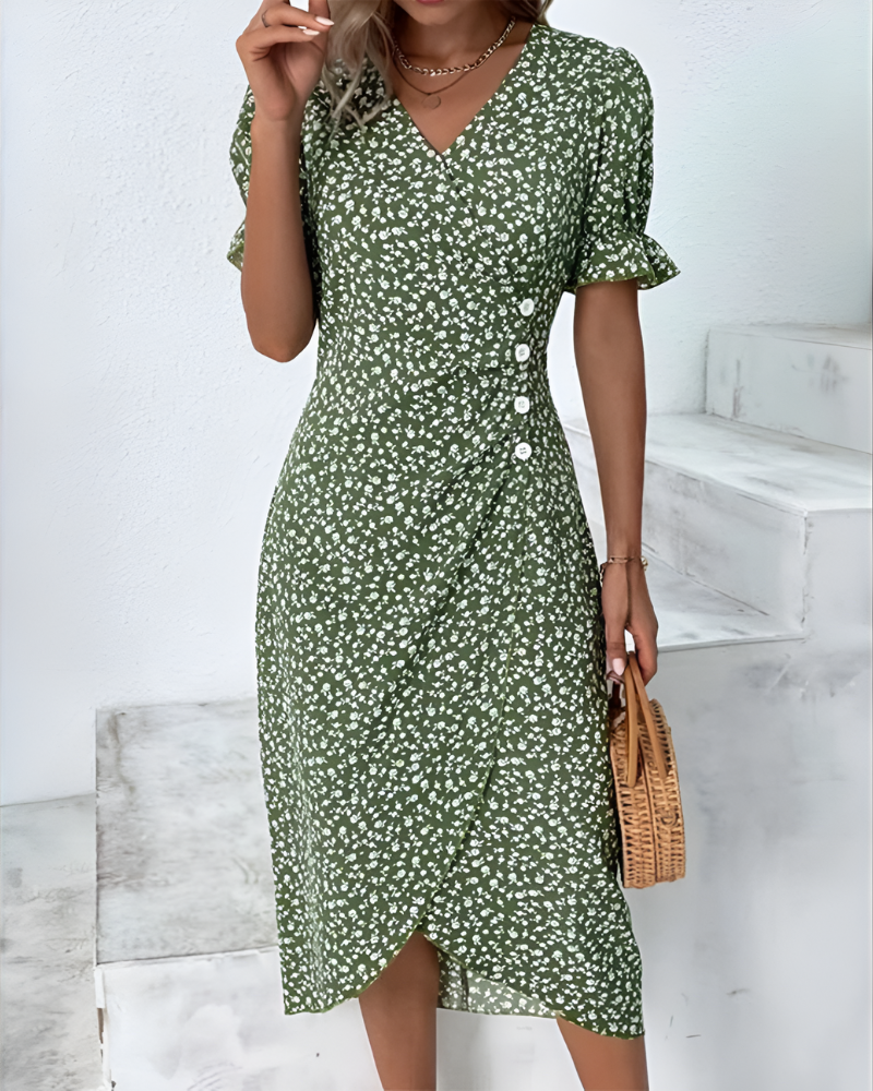 SORELLE | WRAP-BUTTON BLOOM DRESS