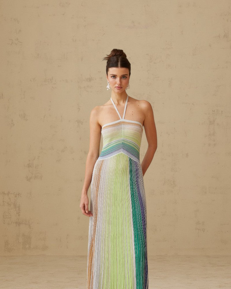 ALIVERA | METALLIC KNIT HALTER DRESS
