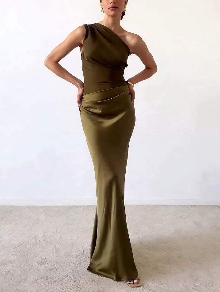 Elegant One Shoulder Neck Pleated Party Maxi Dress