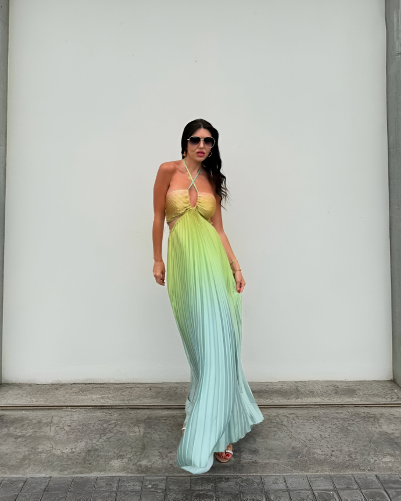 ALISSANDRA | SUNSET-PLEATED HALTER DRESS