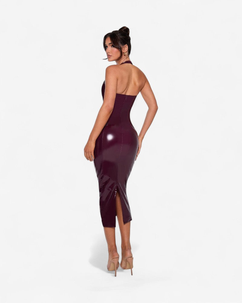 VIOREL | CHERRY VINYL HALTER DRESS