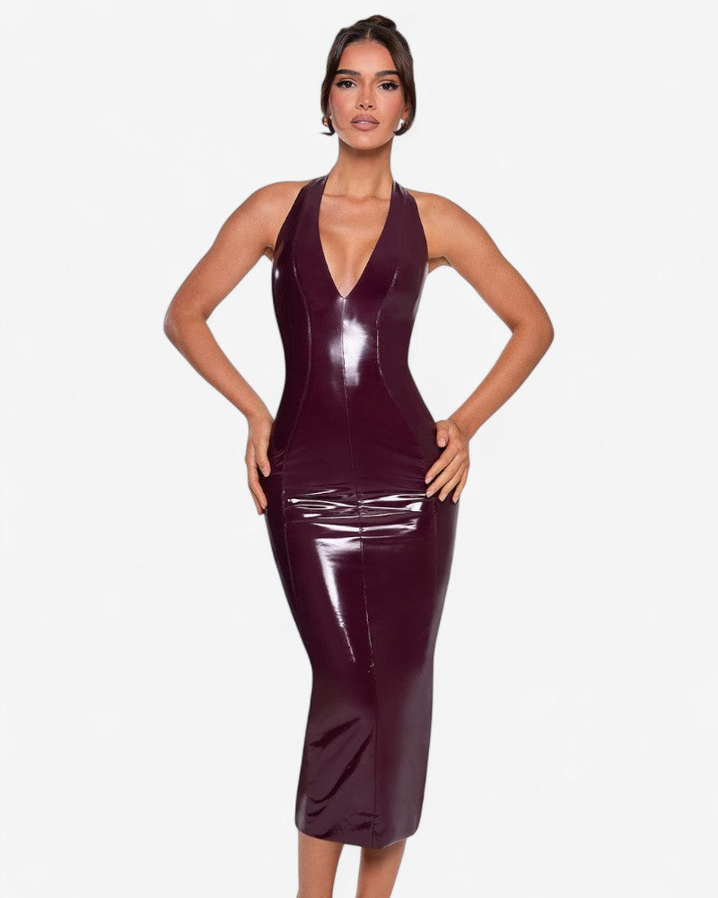 VIOREL | CHERRY VINYL HALTER DRESS